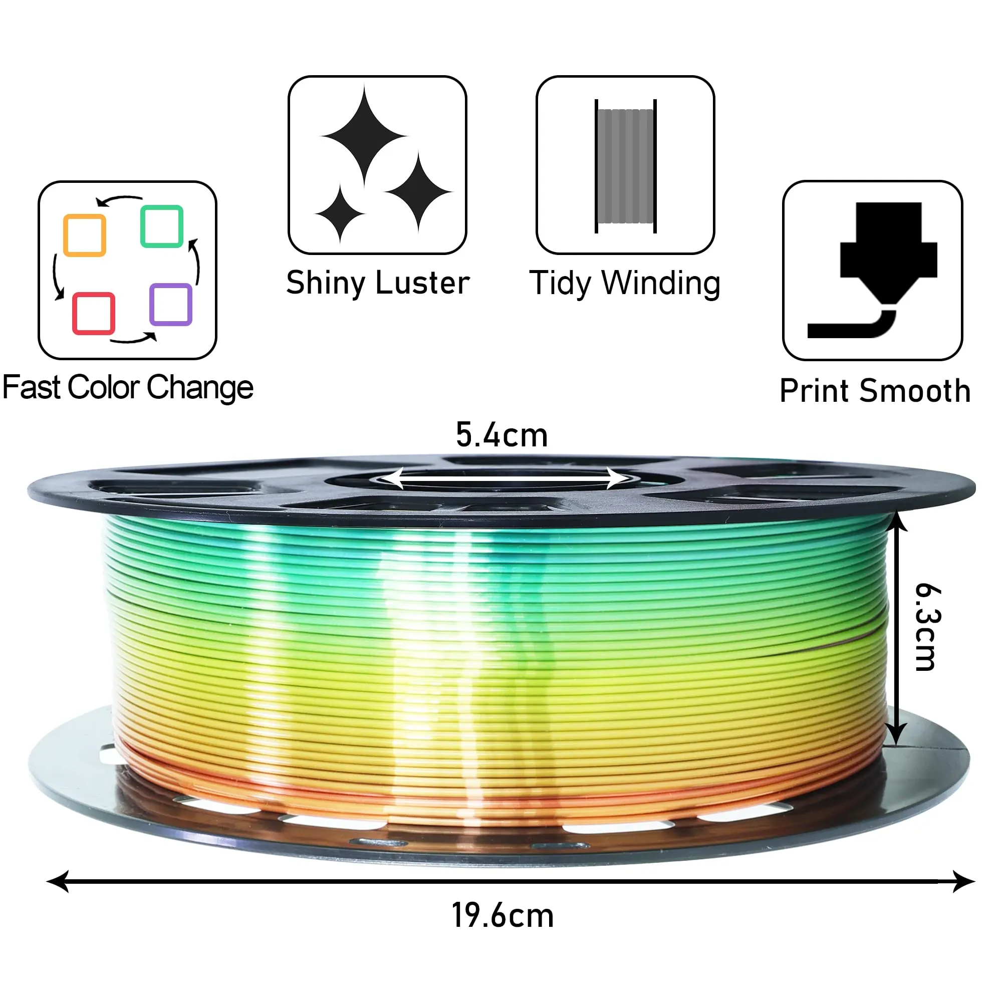 1.75mm 1Kg Silk Shiny PLA Most Basic Popular Multicolored Fast Color Change Rainbow 3D Printing Filament, Color Change Gradually Random Quickly, 2.2lbs 3D Printing Material by MIKA3D