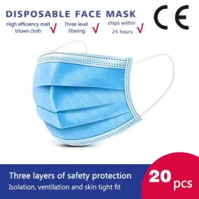 20 Pcs/bag High Quality 3 Layers Disposable Face Masks Anti-Dust Meltblown Cloth Masks Protection Face Mask Protective Dust Filter Safety Mask