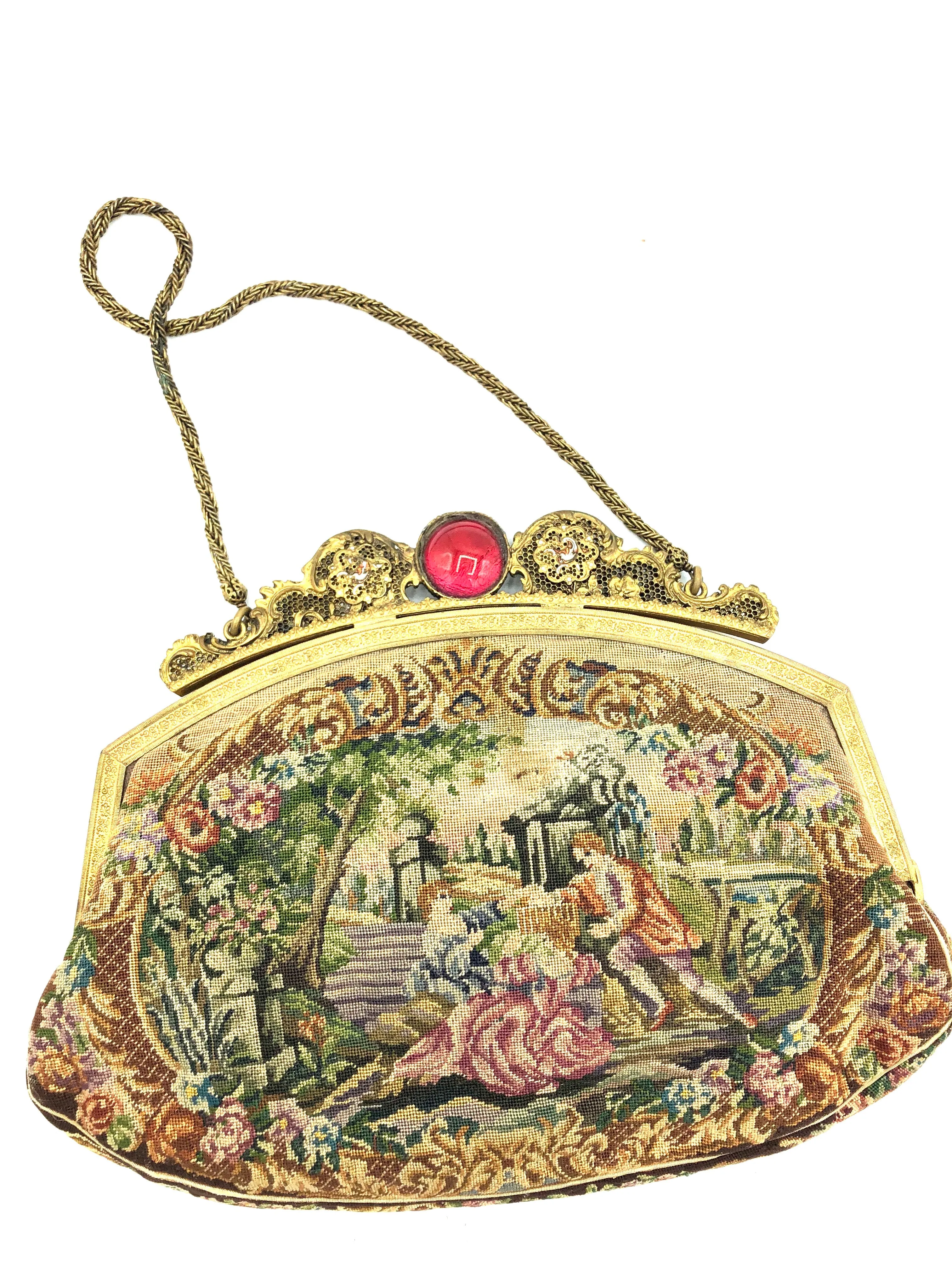 30s Petit Point Purse with Ornate Enamel Frame