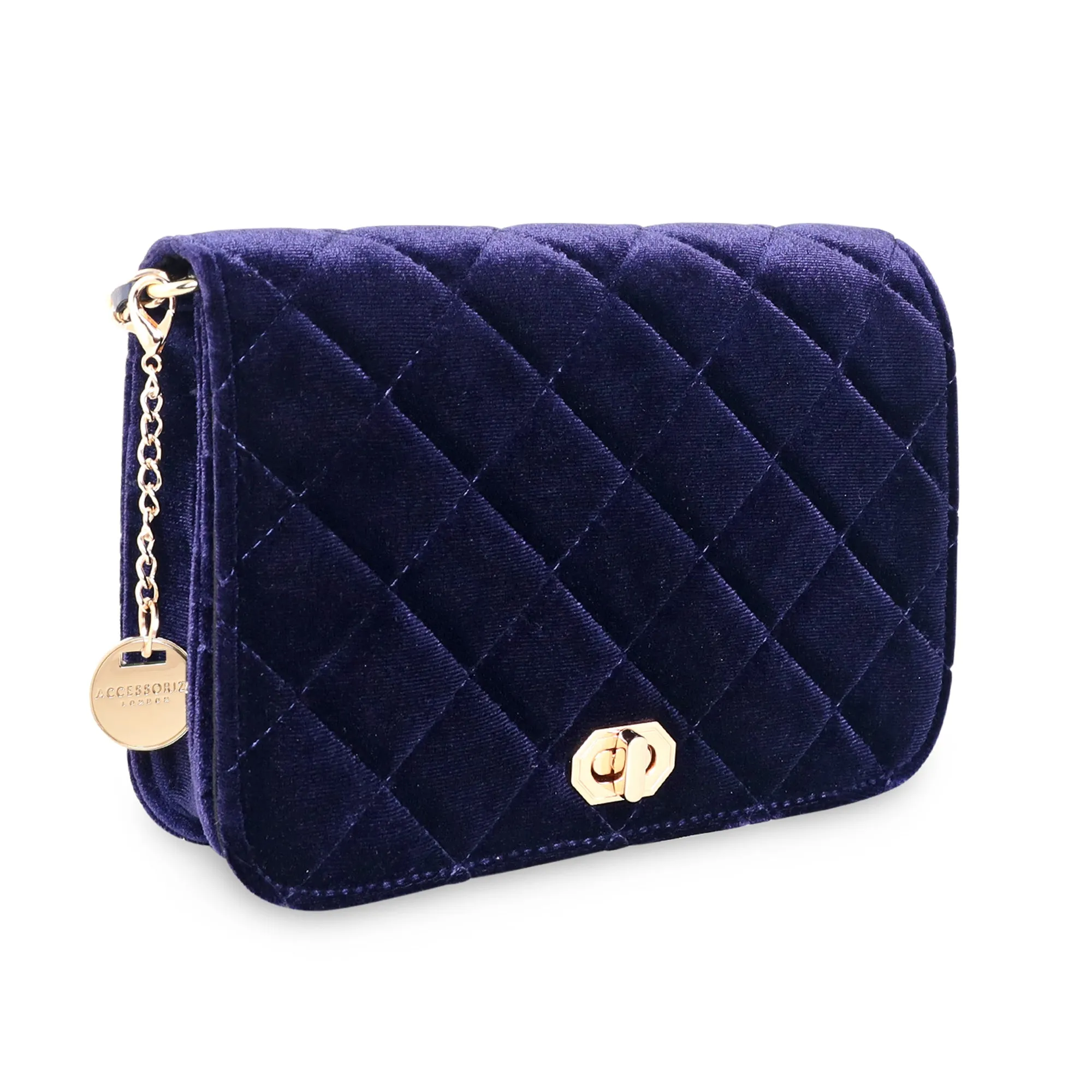 Accessorize London Women's Erin Quilted Velvet Blue Sling Bag