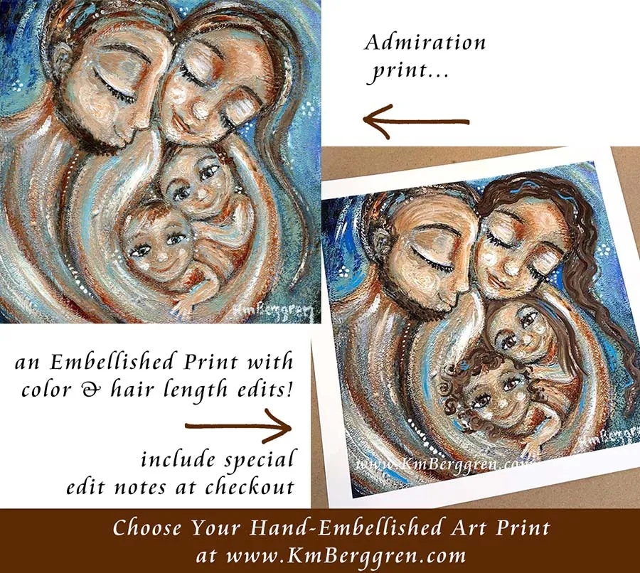 Admiration - Custom Hair & Eye Color with an Embellished Print - Dad, Mom, 2 Kids Art Print