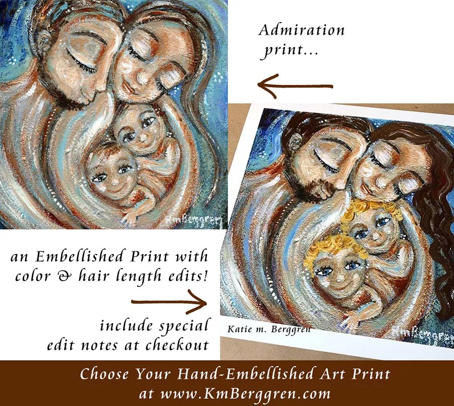 Admiration - Custom Hair & Eye Color with an Embellished Print - Dad, Mom, 2 Kids Art Print