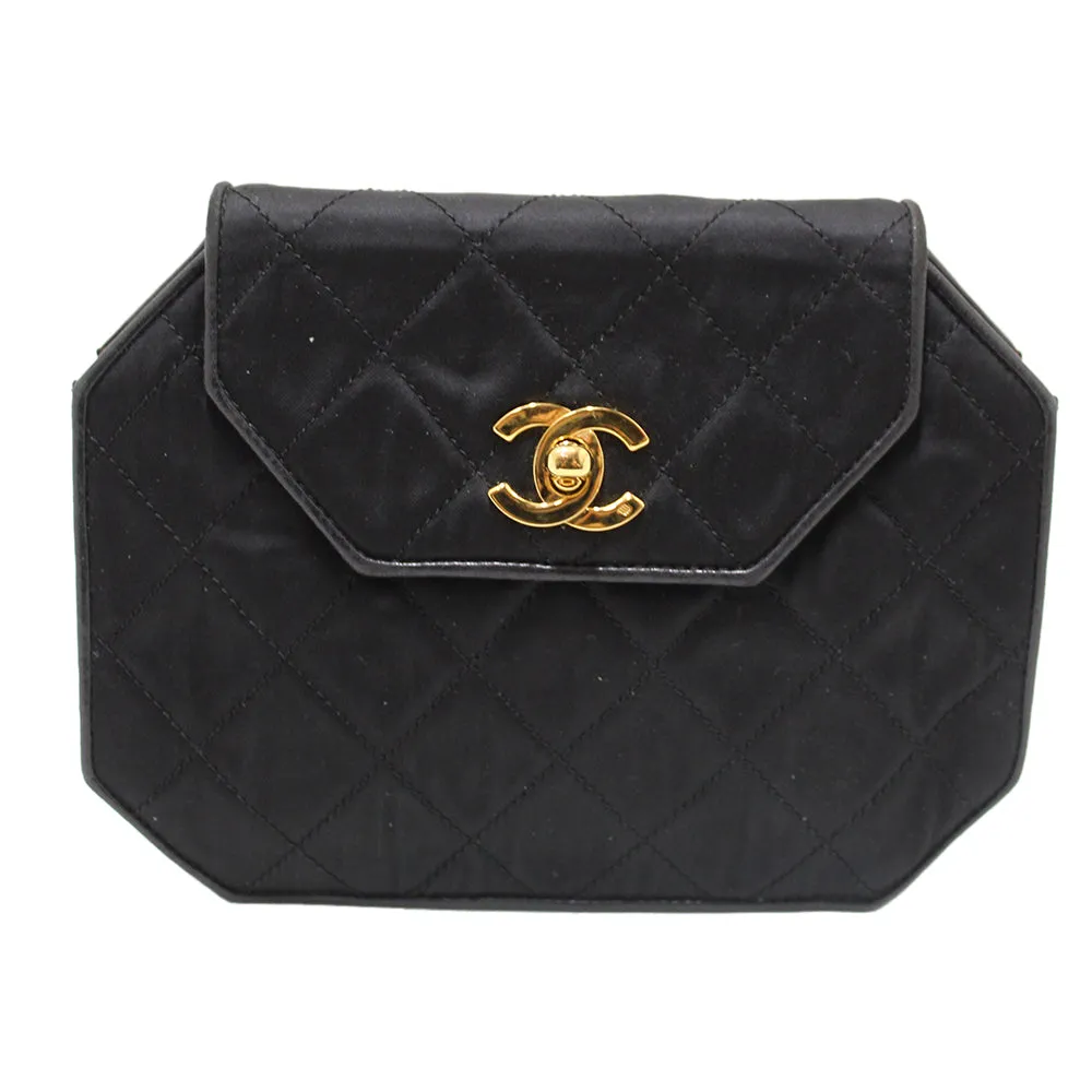 Authentic Chanel Vintage Black Satin Octagon Classic Chain Bag