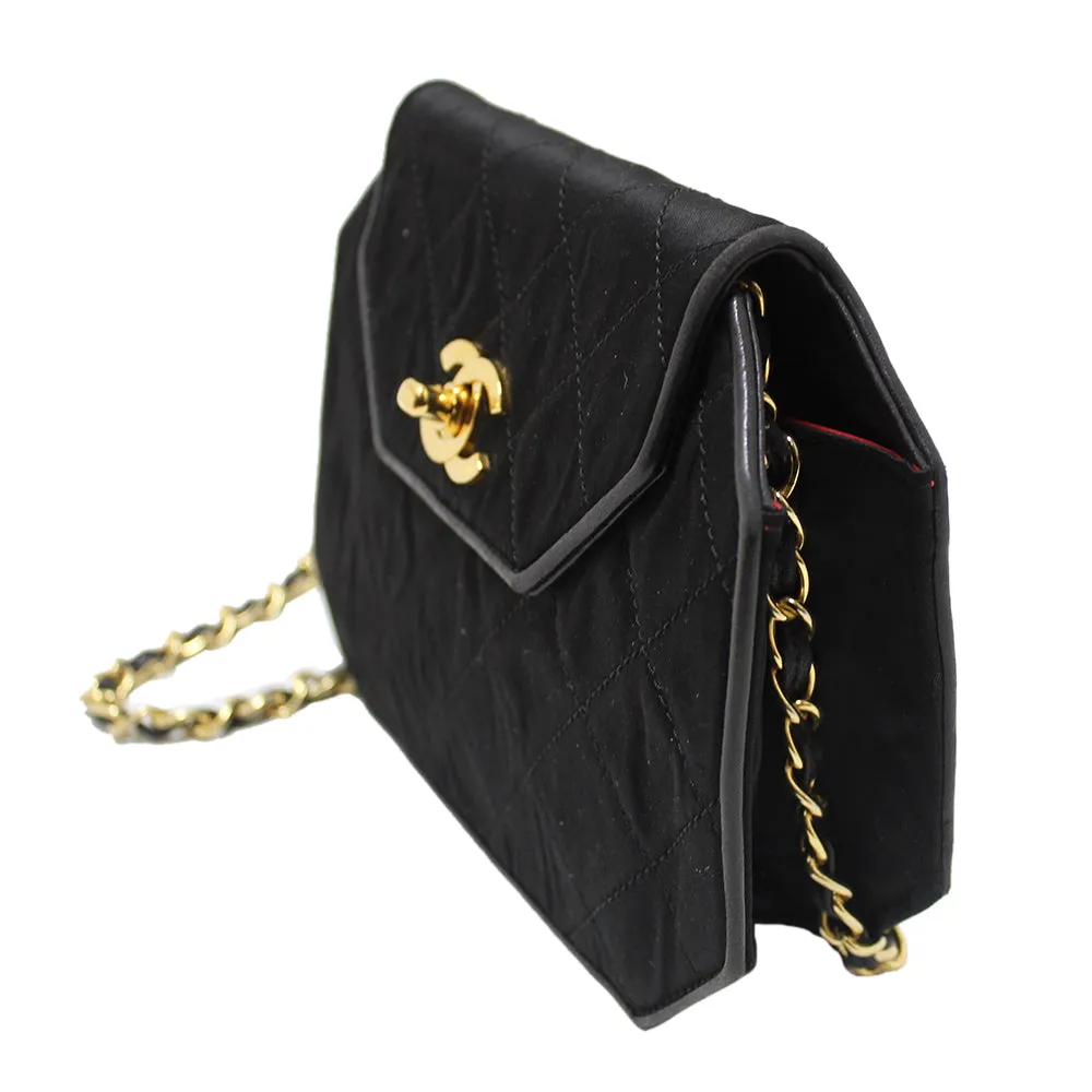 Authentic Chanel Vintage Black Satin Octagon Classic Chain Bag