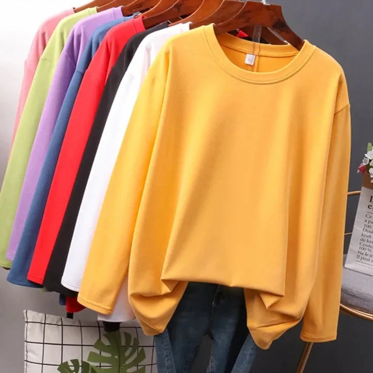 Autumn Cotton T shirt Female Pure Color Long Sleeve Women's T-shirts M-XXL Size Yellow White Simple Basic Tee Tops