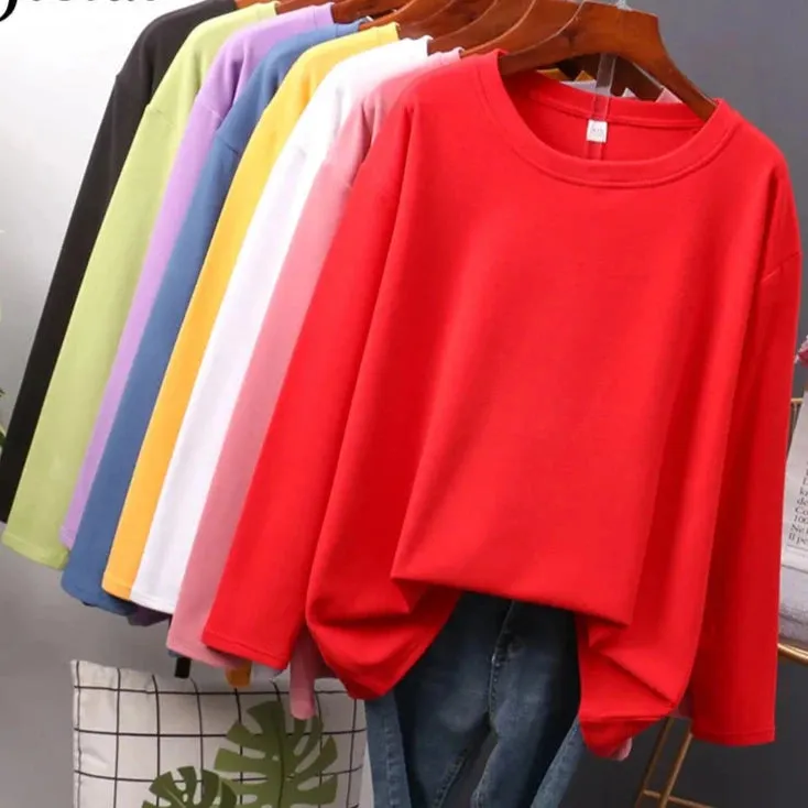 Autumn Cotton T shirt Female Pure Color Long Sleeve Women's T-shirts M-XXL Size Yellow White Simple Basic Tee Tops