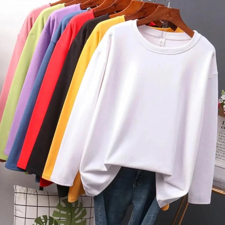 Autumn Cotton T shirt Female Pure Color Long Sleeve Women's T-shirts M-XXL Size Yellow White Simple Basic Tee Tops