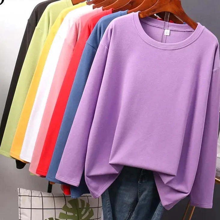 Autumn Cotton T shirt Female Pure Color Long Sleeve Women's T-shirts M-XXL Size Yellow White Simple Basic Tee Tops