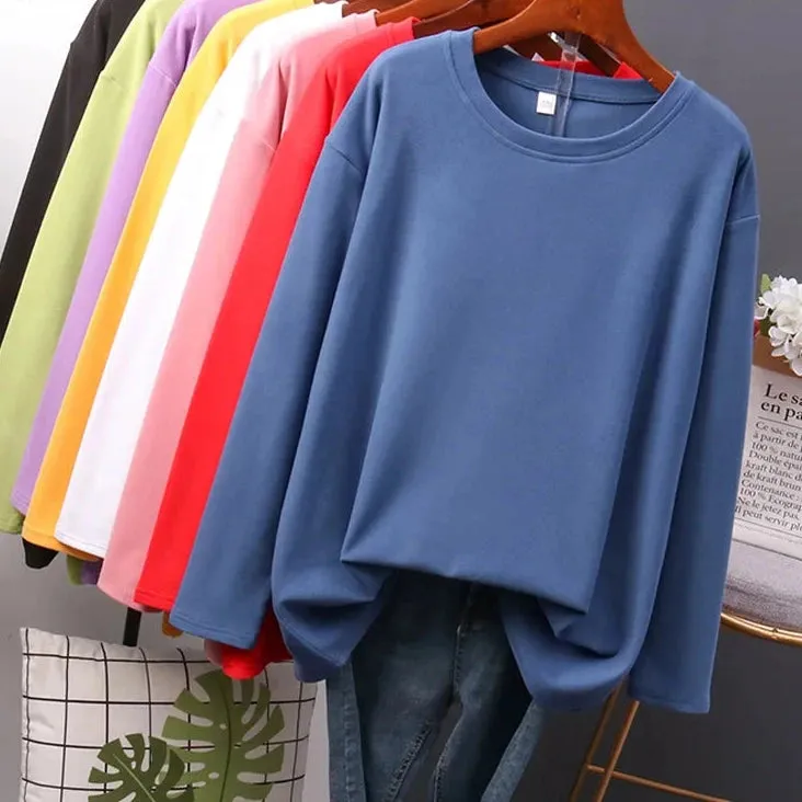 Autumn Cotton T shirt Female Pure Color Long Sleeve Women's T-shirts M-XXL Size Yellow White Simple Basic Tee Tops