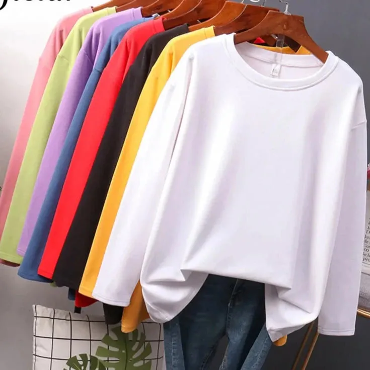 Autumn Cotton T shirt Female Pure Color Long Sleeve Women's T-shirts M-XXL Size Yellow White Simple Basic Tee Tops