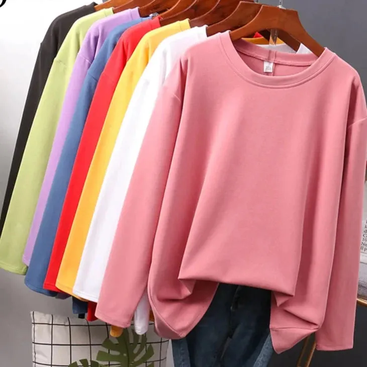 Autumn Cotton T shirt Female Pure Color Long Sleeve Women's T-shirts M-XXL Size Yellow White Simple Basic Tee Tops