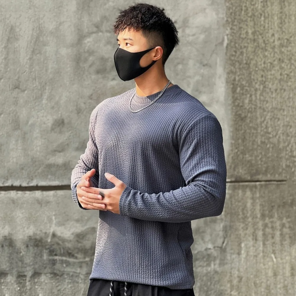 Autumn Winter Casual T-shirt Men Long Sleeves Solid Shirt Gym Fitness Bodybuilding Tees Tops Male Fashion Slim Stripes Clothing