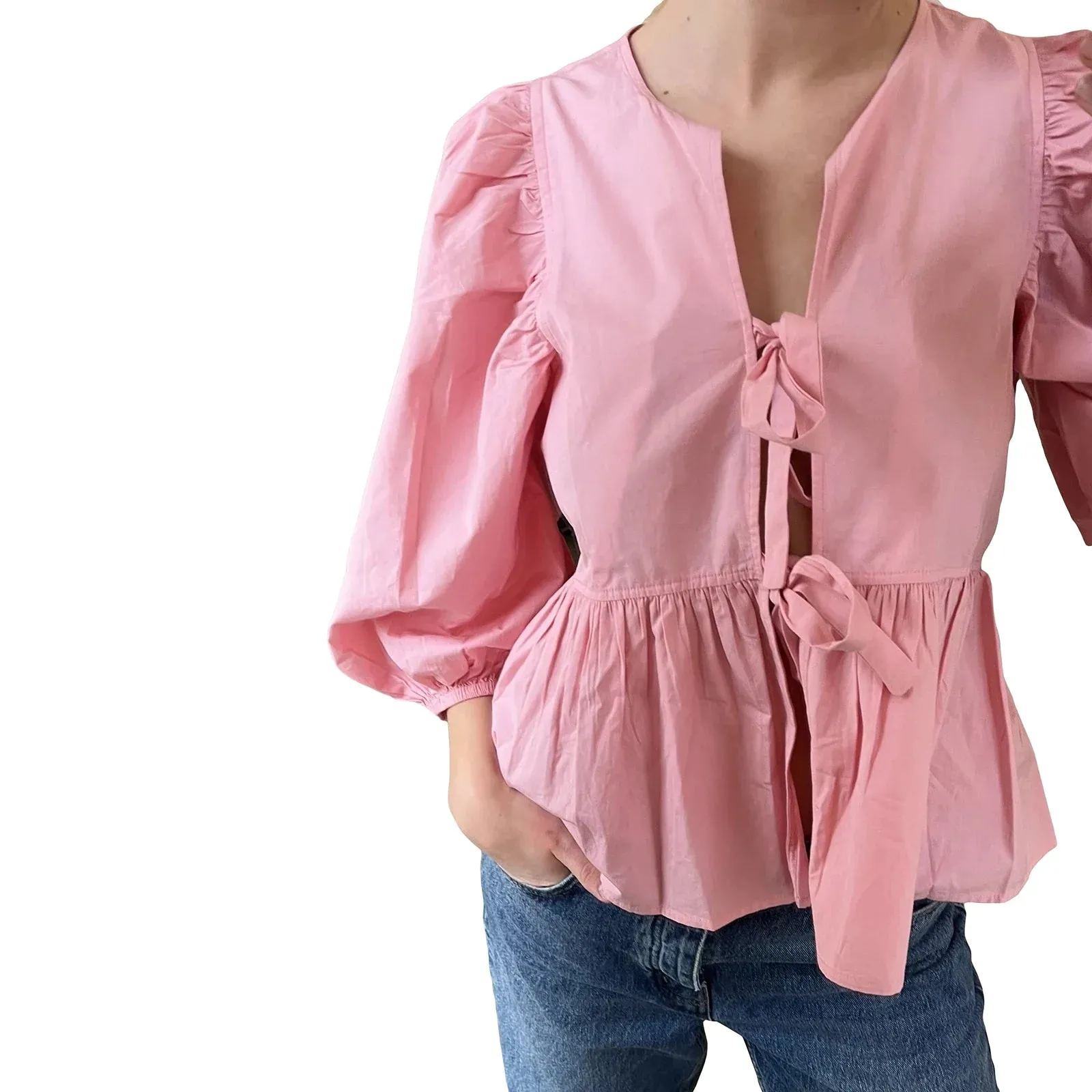 Babydoll Puff Short Sleeve Bow Tie Front Ruffle Peplum Cute Going Out 90s Vintage Y2K Blouse