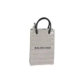 BALENCIAGA STEEL GREY CROC-EMBOSSED  SHOPPING PHONE HOLDER BAG