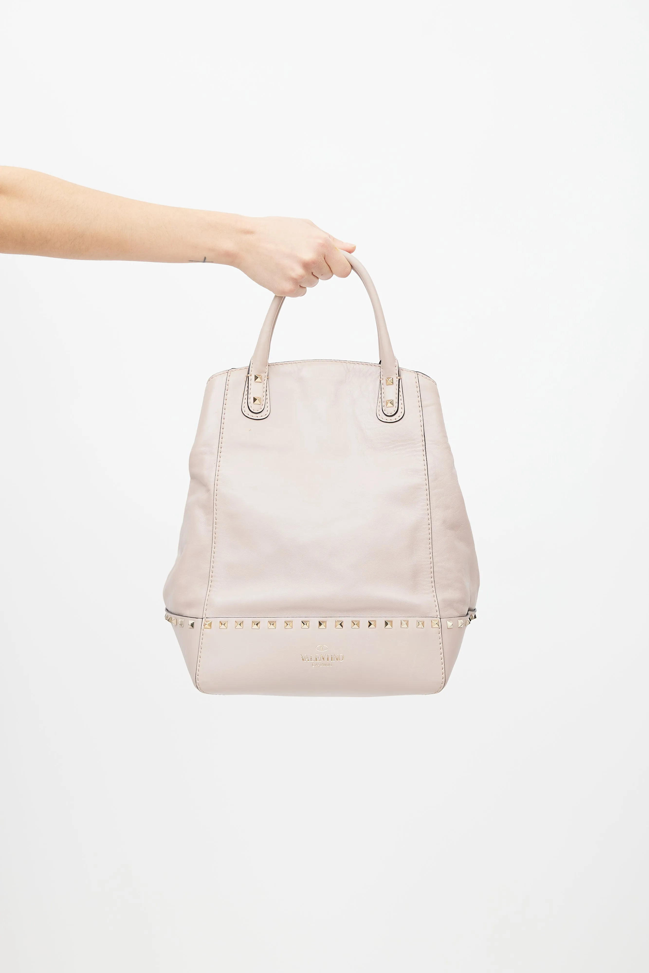 Beige Leather Rockstud Dome Bucket Bag