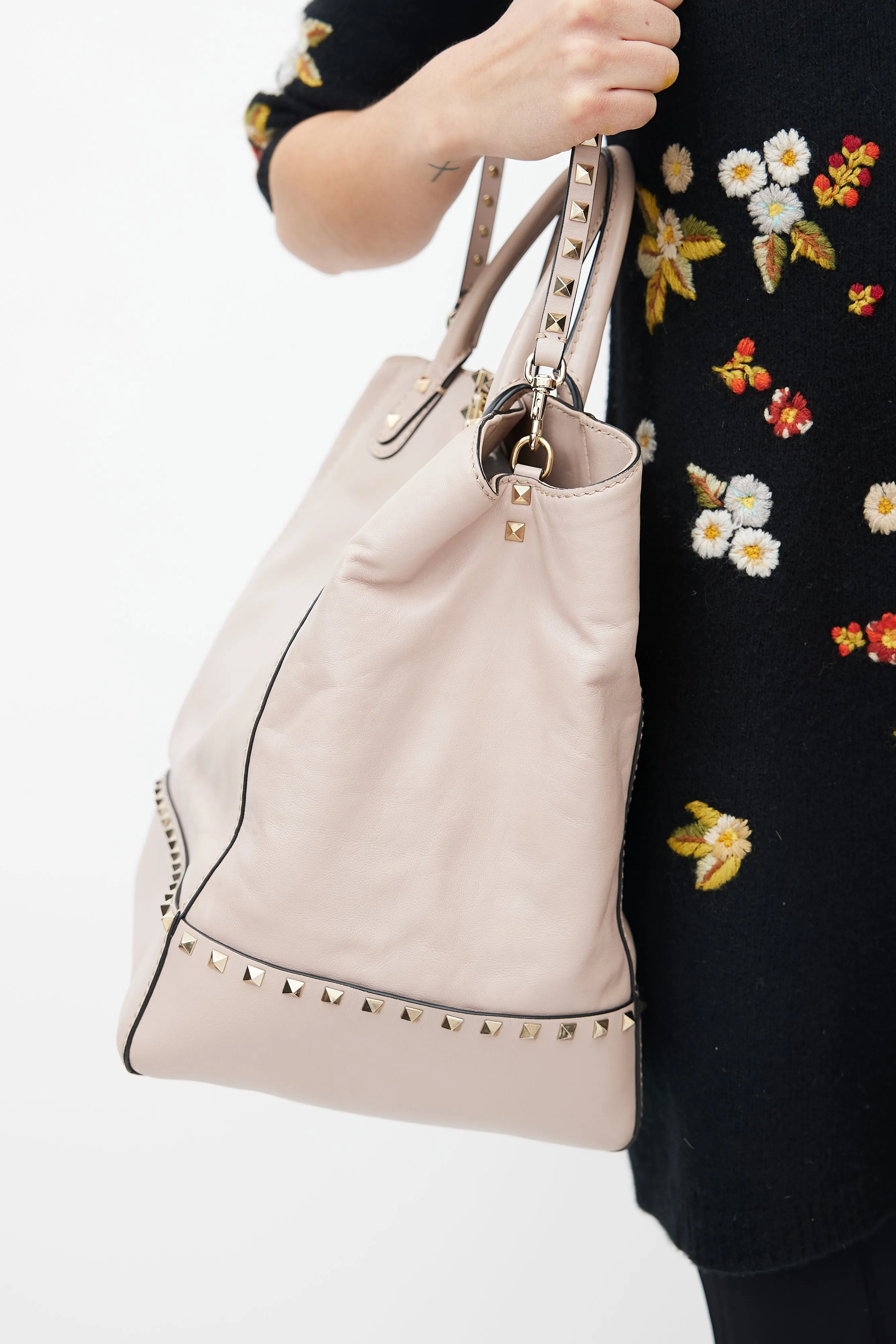 Beige Leather Rockstud Dome Bucket Bag