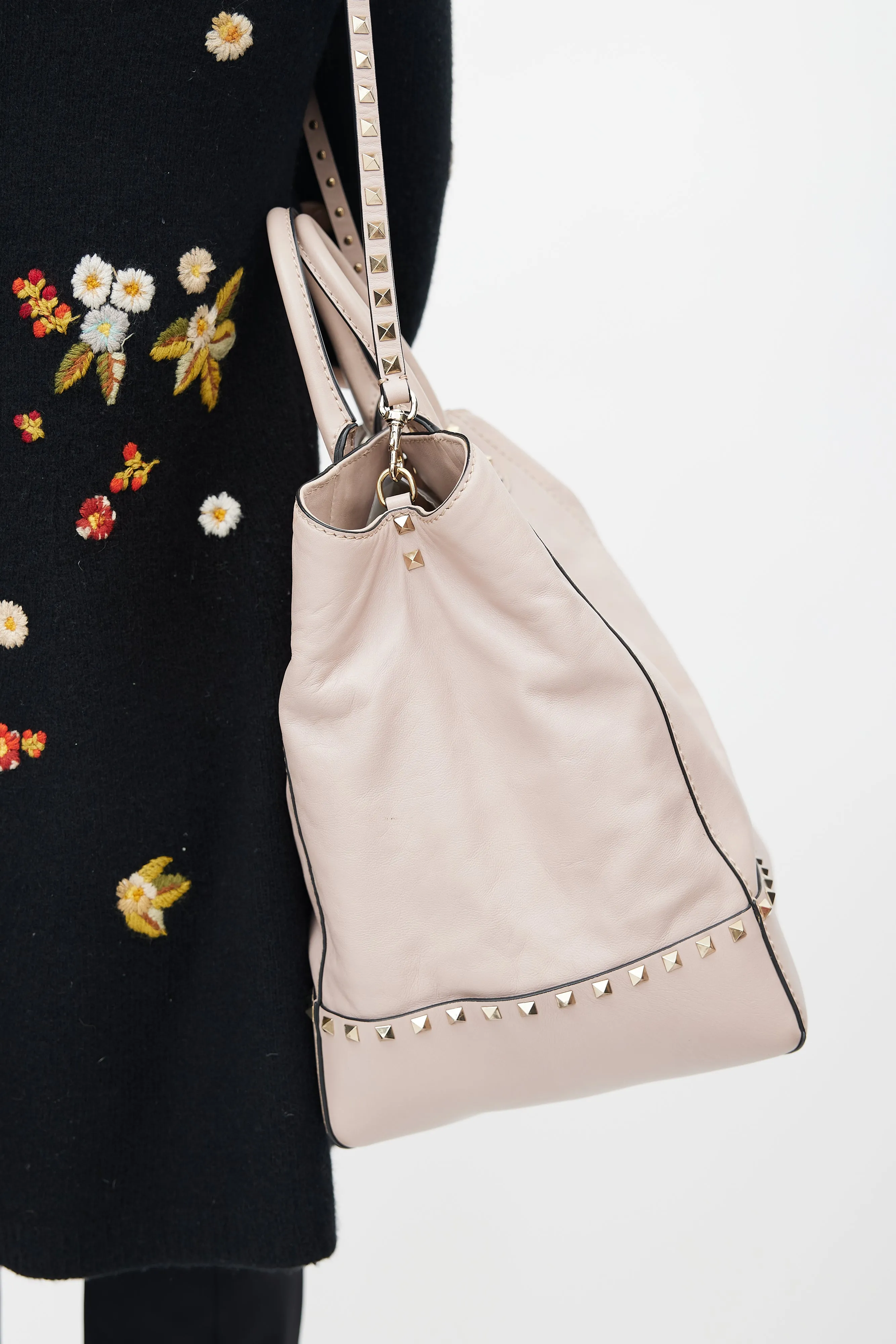 Beige Leather Rockstud Dome Bucket Bag