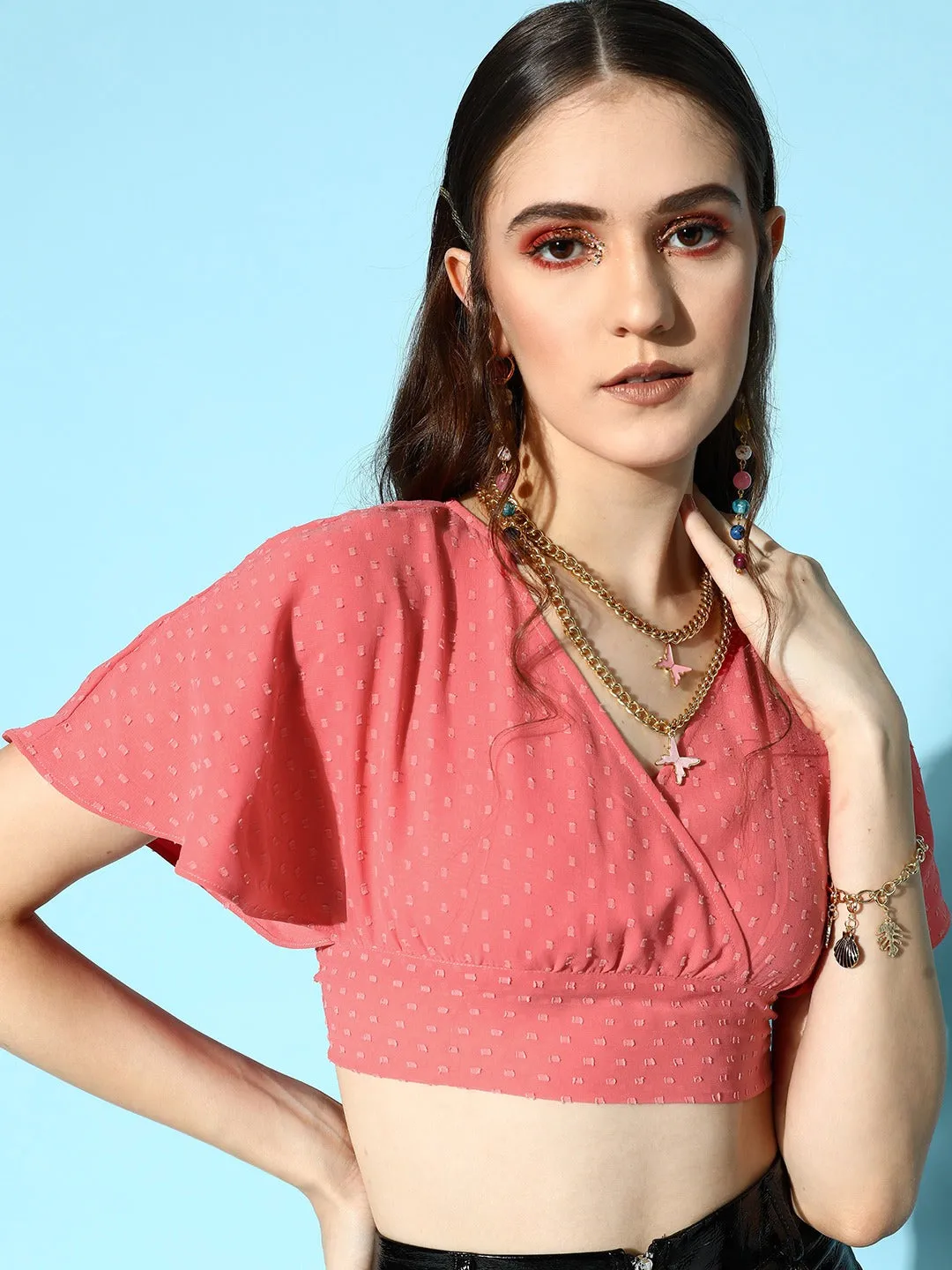Berrylush Women Solid Pink Dobby Weave V-Neck Tie-Up Back Keyhole Georgette Wrap Cropped Top