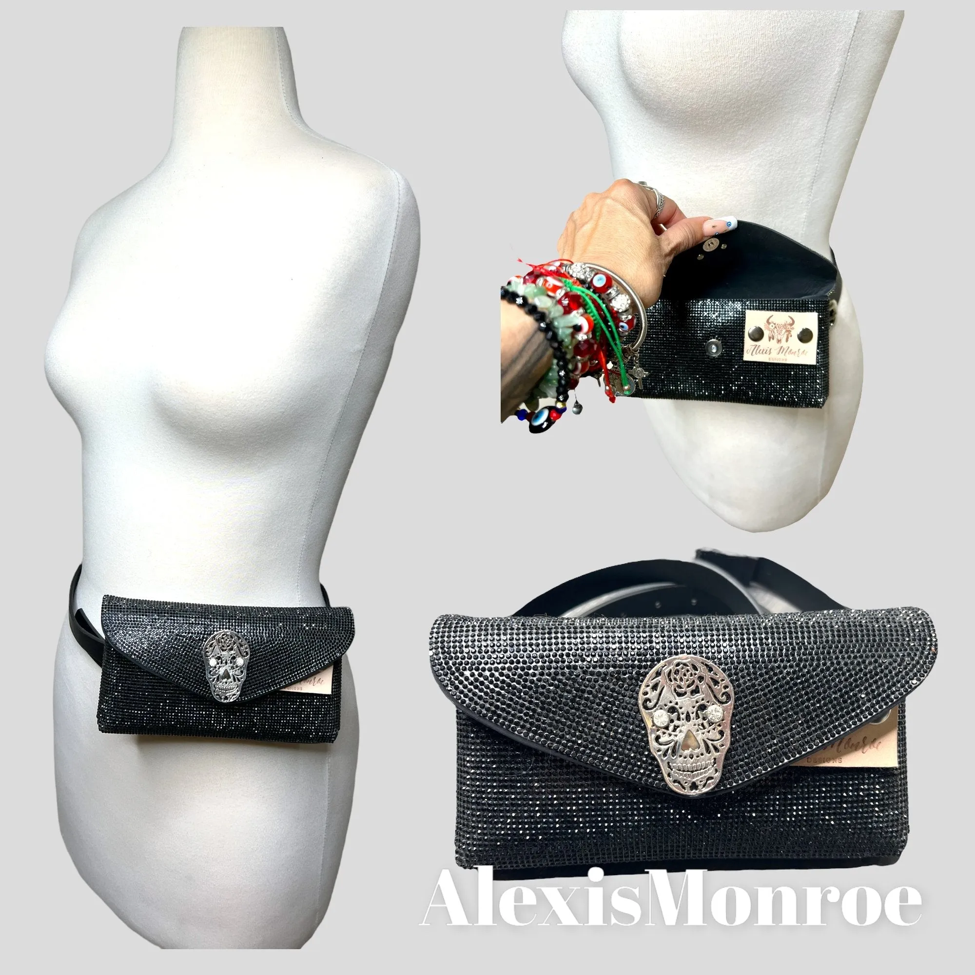 Black Rhinestone Calavera Skull Belt Purse