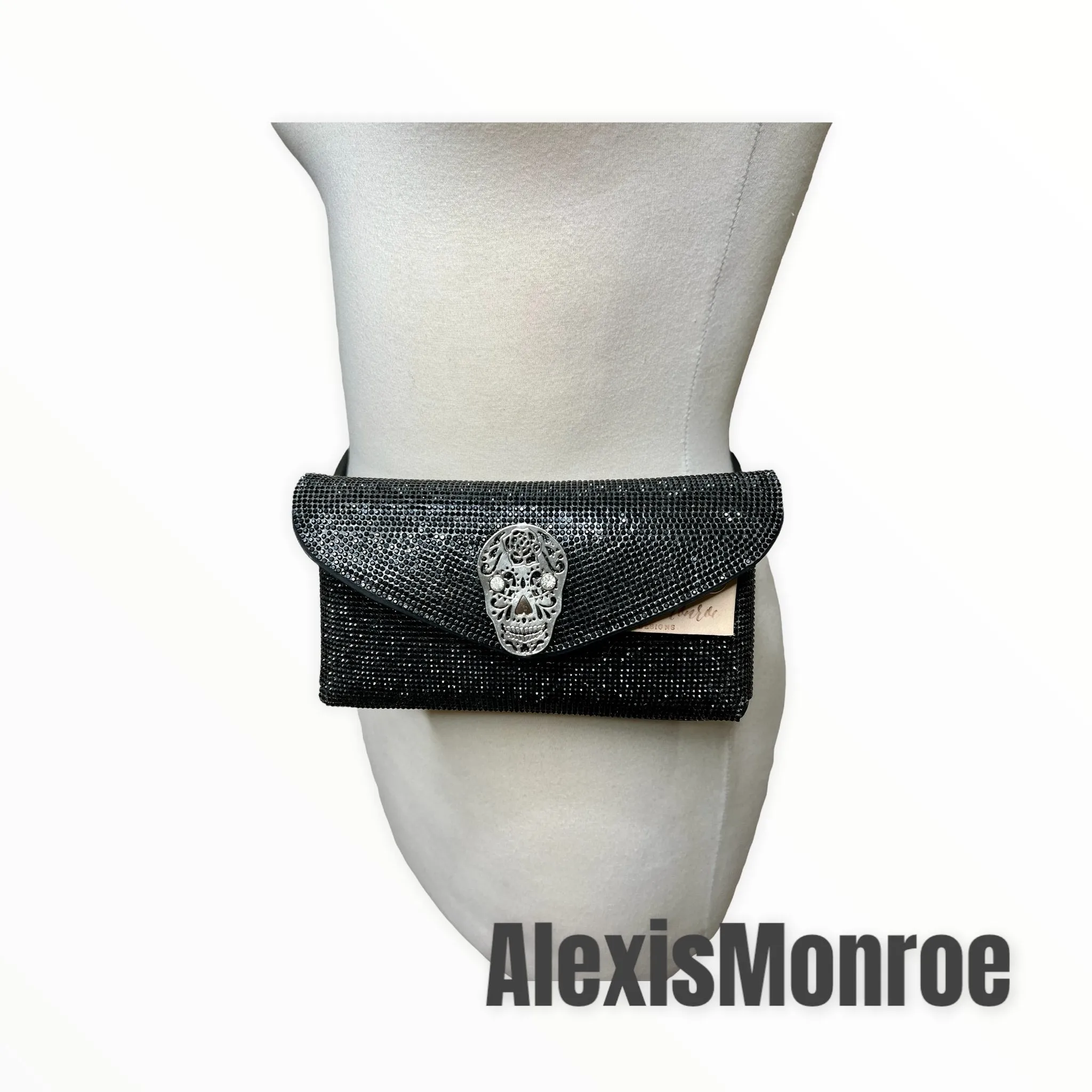 Black Rhinestone Calavera Skull Belt Purse