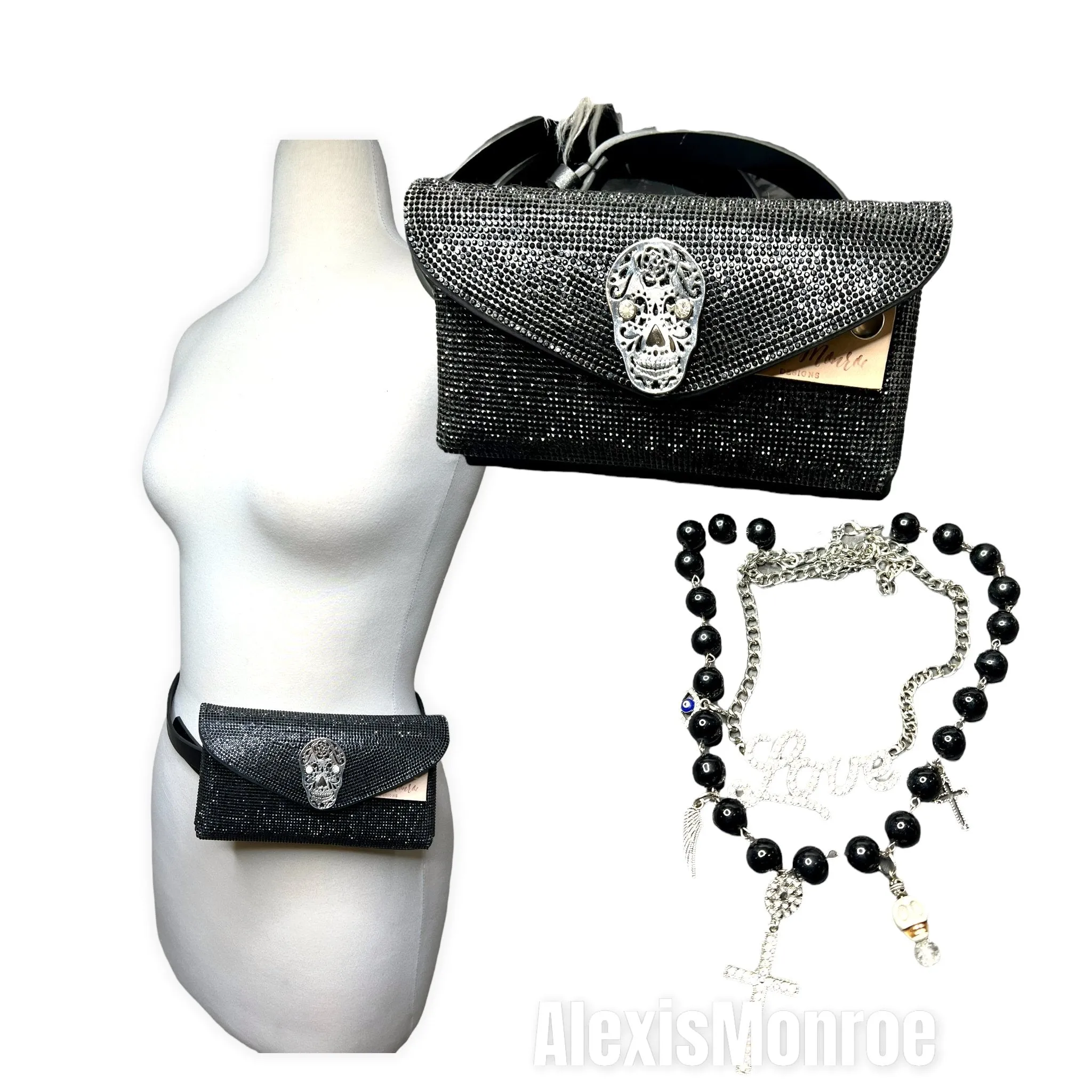 Black Rhinestone Calavera Skull Belt Purse