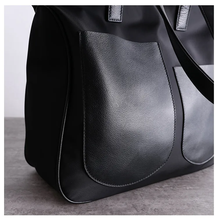 Black Womens Nylon Leather Shopper Tote Womens Nylon Shoulder Tote Black Nylon Handbag Purse for Ladies