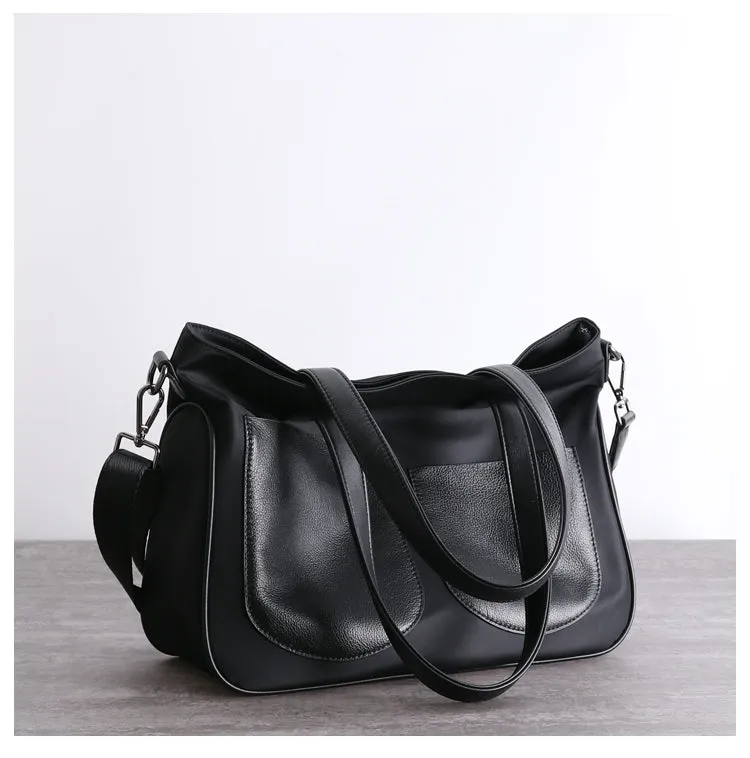 Black Womens Nylon Leather Shopper Tote Womens Nylon Shoulder Tote Black Nylon Handbag Purse for Ladies