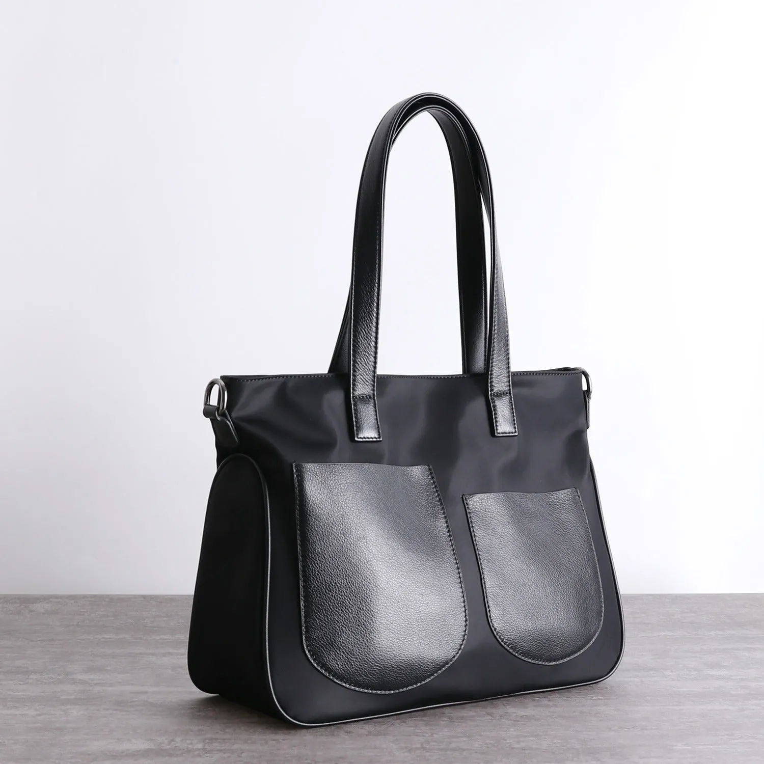 Black Womens Nylon Leather Shopper Tote Womens Nylon Shoulder Tote Black Nylon Handbag Purse for Ladies