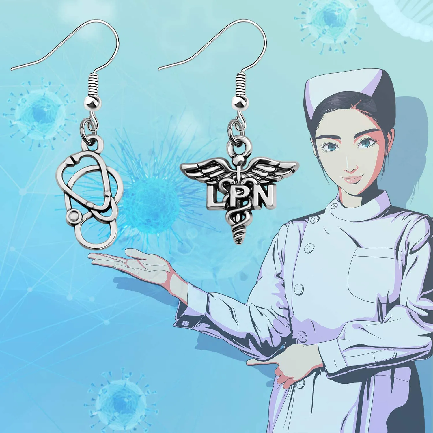 bobauna Nursing Caduceus Stethoscope Asymmetrical Drop Earrings Medical RN LVN LPN Jewelry Gift For Nurse Doctor