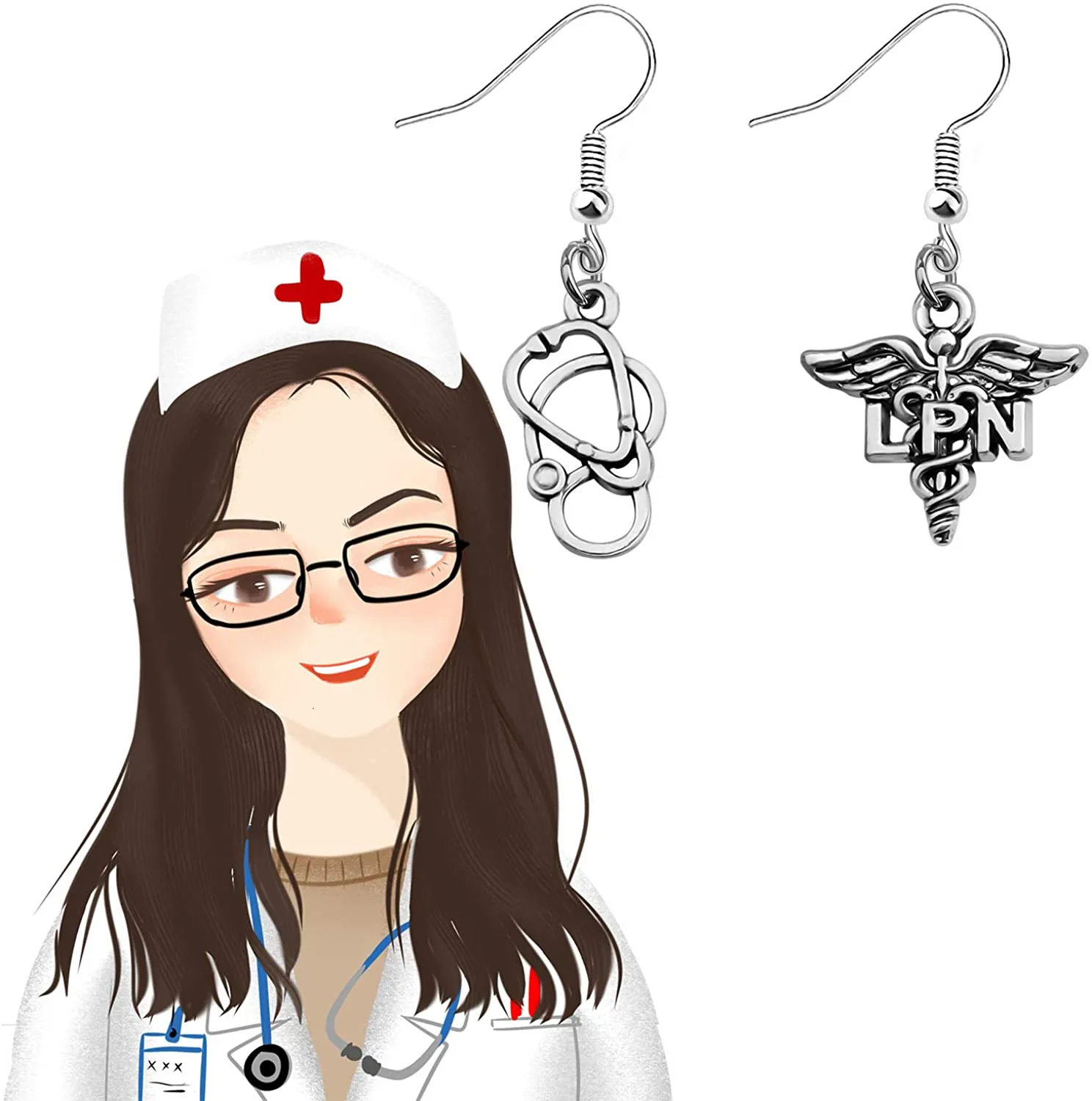 bobauna Nursing Caduceus Stethoscope Asymmetrical Drop Earrings Medical RN LVN LPN Jewelry Gift For Nurse Doctor