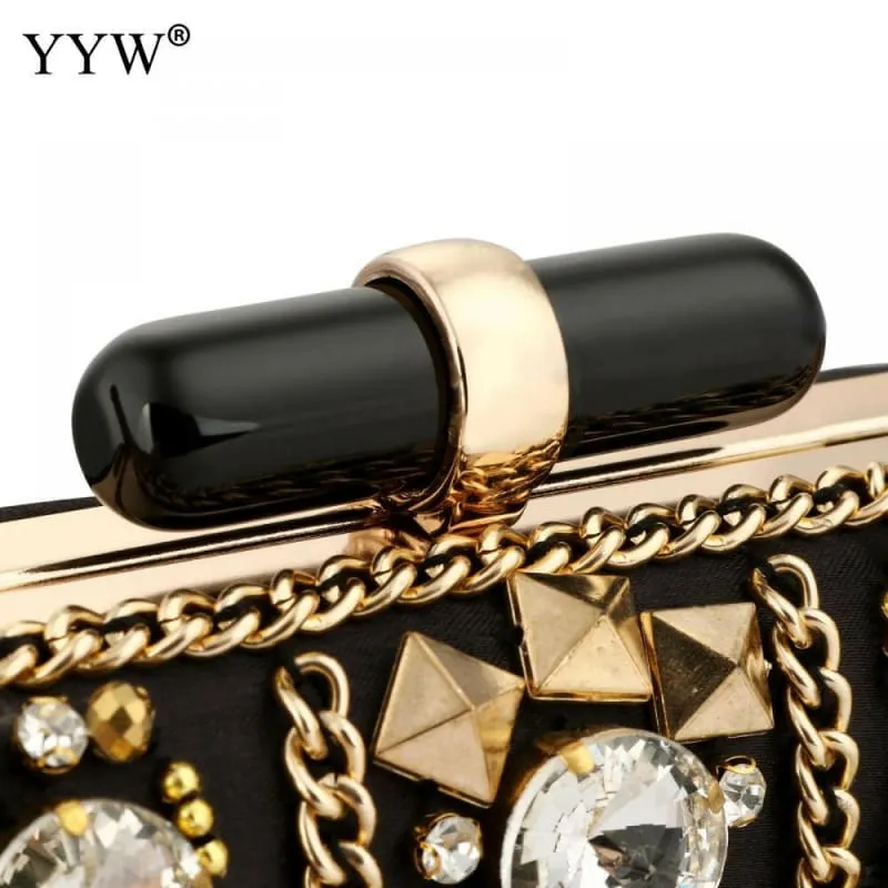 Bohemia Style Rhinestone Cocktail Clutch in Black Satin