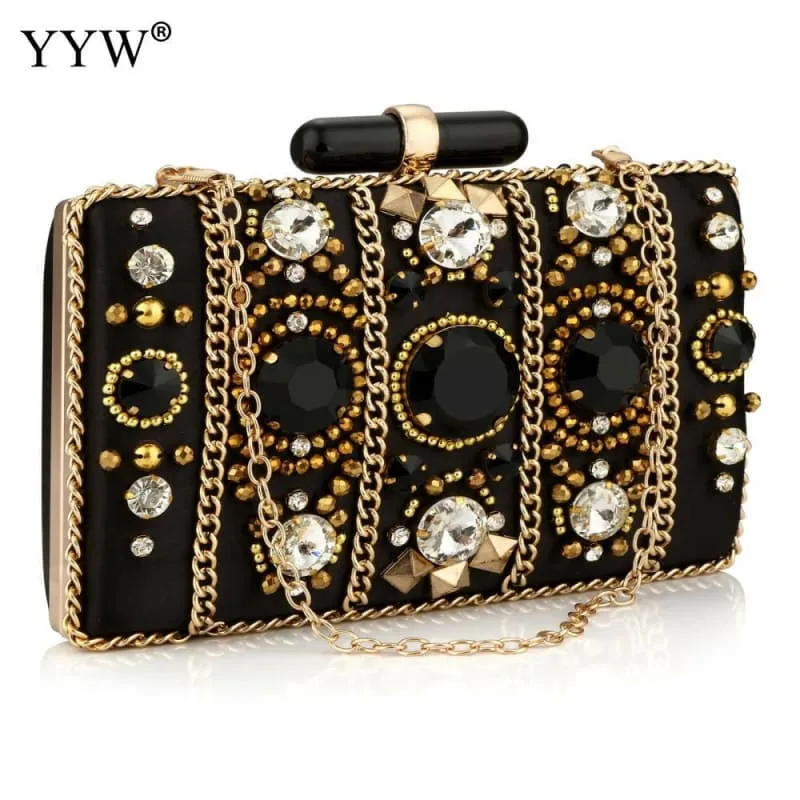 Bohemia Style Rhinestone Cocktail Clutch in Black Satin