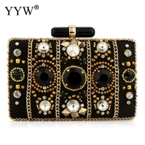 Bohemia Style Rhinestone Cocktail Clutch in Black Satin