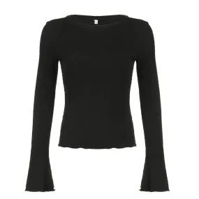 Casual Knit Flare Long Sleeve Top Black Fitted Shirts Y2k Clothes for Women Tees Spring 2024 P84-BC10