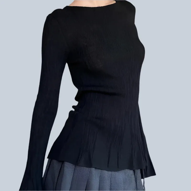 Casual Knit Flare Long Sleeve Top Black Fitted Shirts Y2k Clothes for Women Tees Spring 2024 P84-BC10