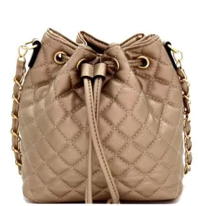 Champagne Quilted Drawstring Bucket Crossbody Bag Satchel