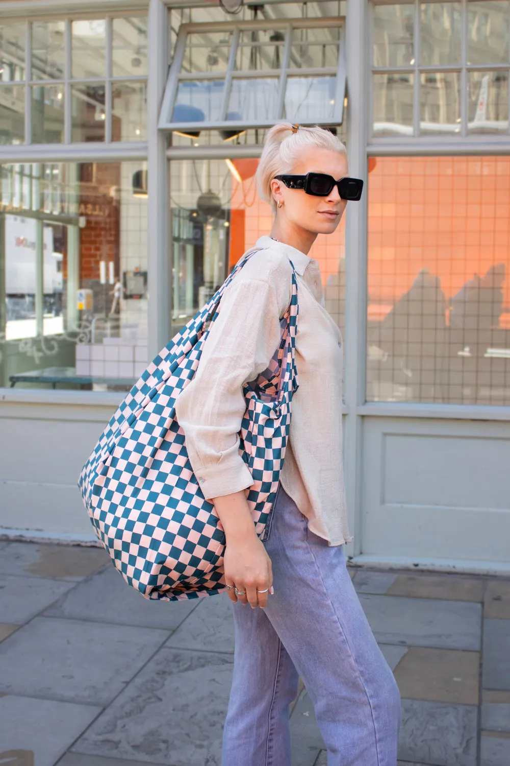 Checkerboard Teal & Beige | Extra Large Reusable Bag