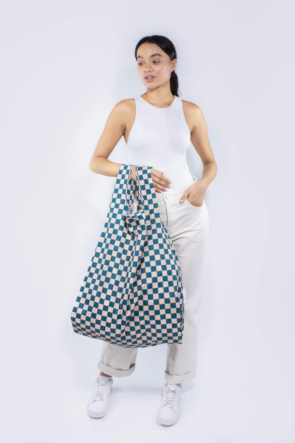 Checkerboard Teal & Beige | Extra Large Reusable Bag