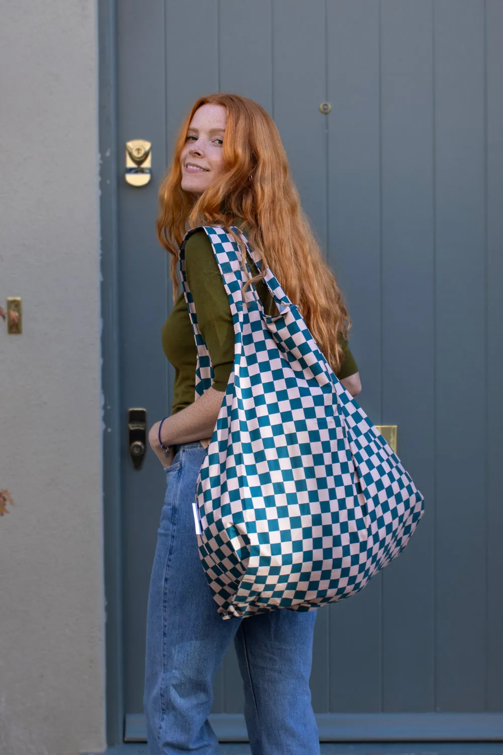 Checkerboard Teal & Beige | Extra Large Reusable Bag