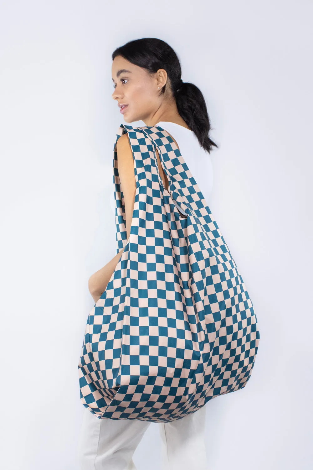 Checkerboard Teal & Beige | Extra Large Reusable Bag