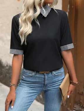 Collar-Blocking Short Sleeve Blouse