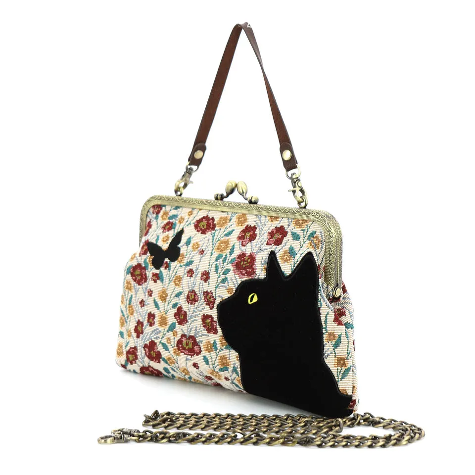 Comeco Floral Black Cat Kisslock Bag