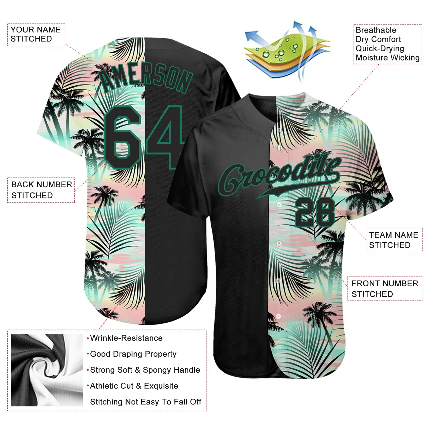 Custom Black Black-Kelly Green 3D Pattern Design Tropical Palm Leaves Authentic Baseball Jersey