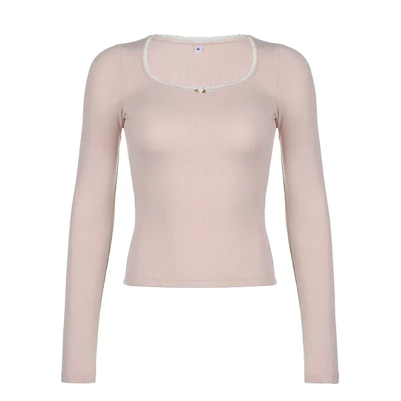 Cutecore Pink Sweet Women Tee Shirts Lace Trim Slim Korean Coquette Clothes Top Spring Auutmn T-shirt Kawaii Pullover