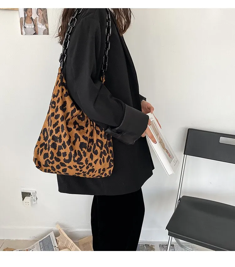 Darianrojas New Autumn Winter Corduroy Shoulder Bags Retro Leopard Pattern Handbag Thick Chain Bags Female Daily Warm Soft Crossbody