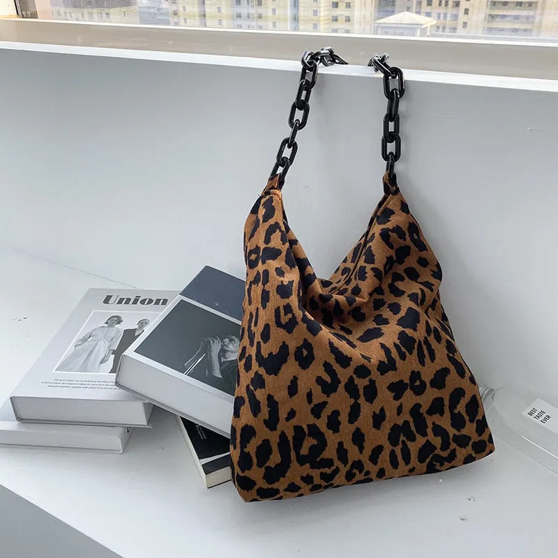 Darianrojas New Autumn Winter Corduroy Shoulder Bags Retro Leopard Pattern Handbag Thick Chain Bags Female Daily Warm Soft Crossbody