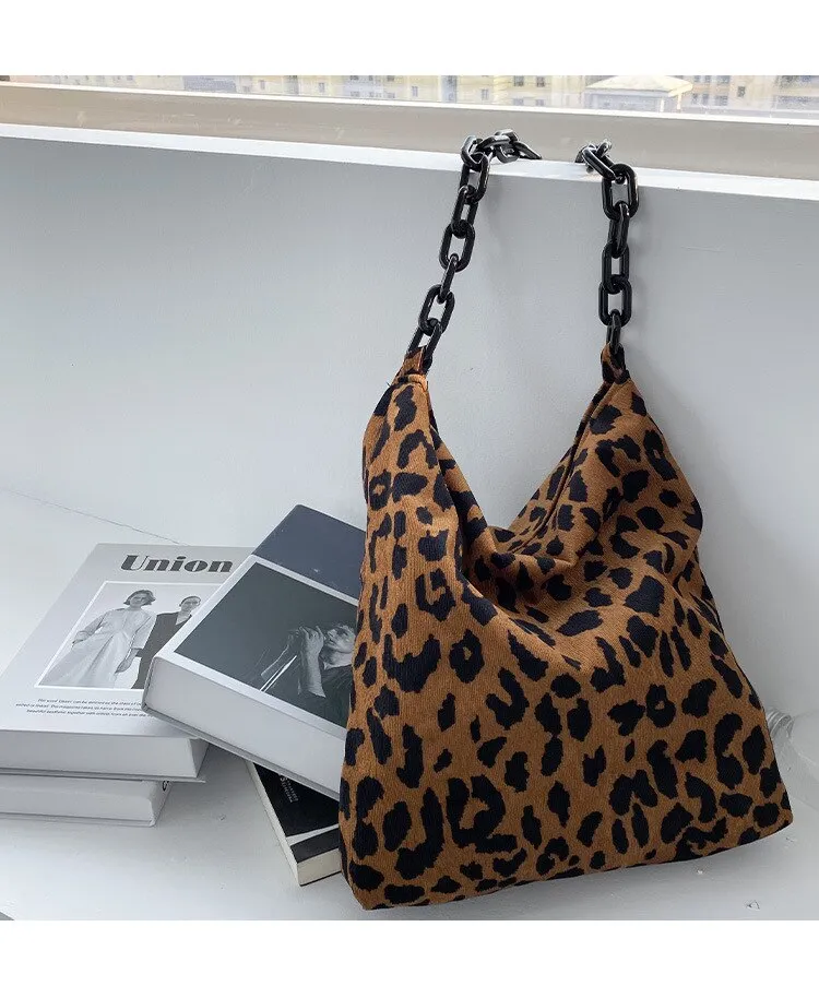 Darianrojas New Autumn Winter Corduroy Shoulder Bags Retro Leopard Pattern Handbag Thick Chain Bags Female Daily Warm Soft Crossbody