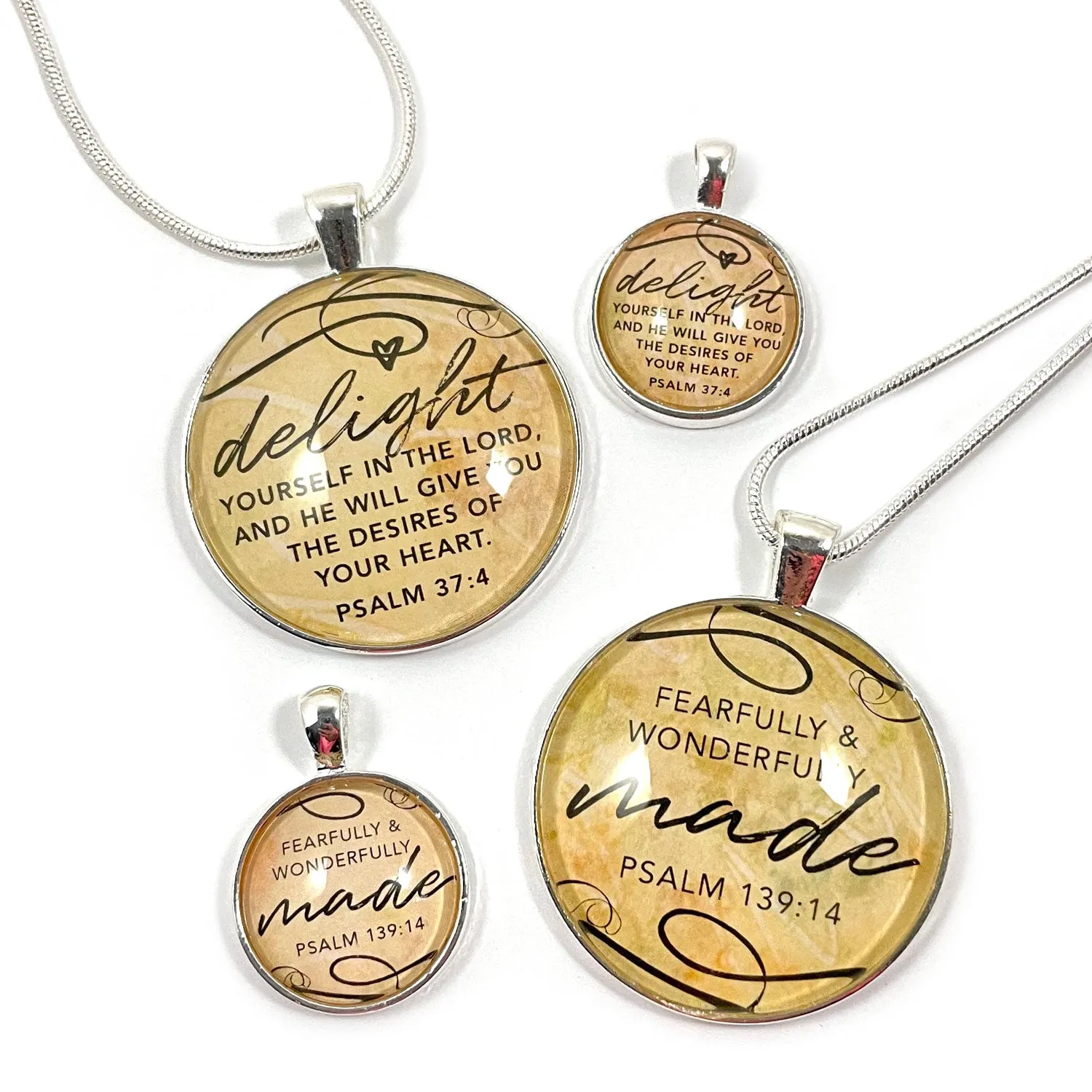 Delight Yourself in the Lord, Fearfully and Wonderfully Made – Psalms Scripture Silver Pendant Necklaces – Add a Matching Charm Bangle!