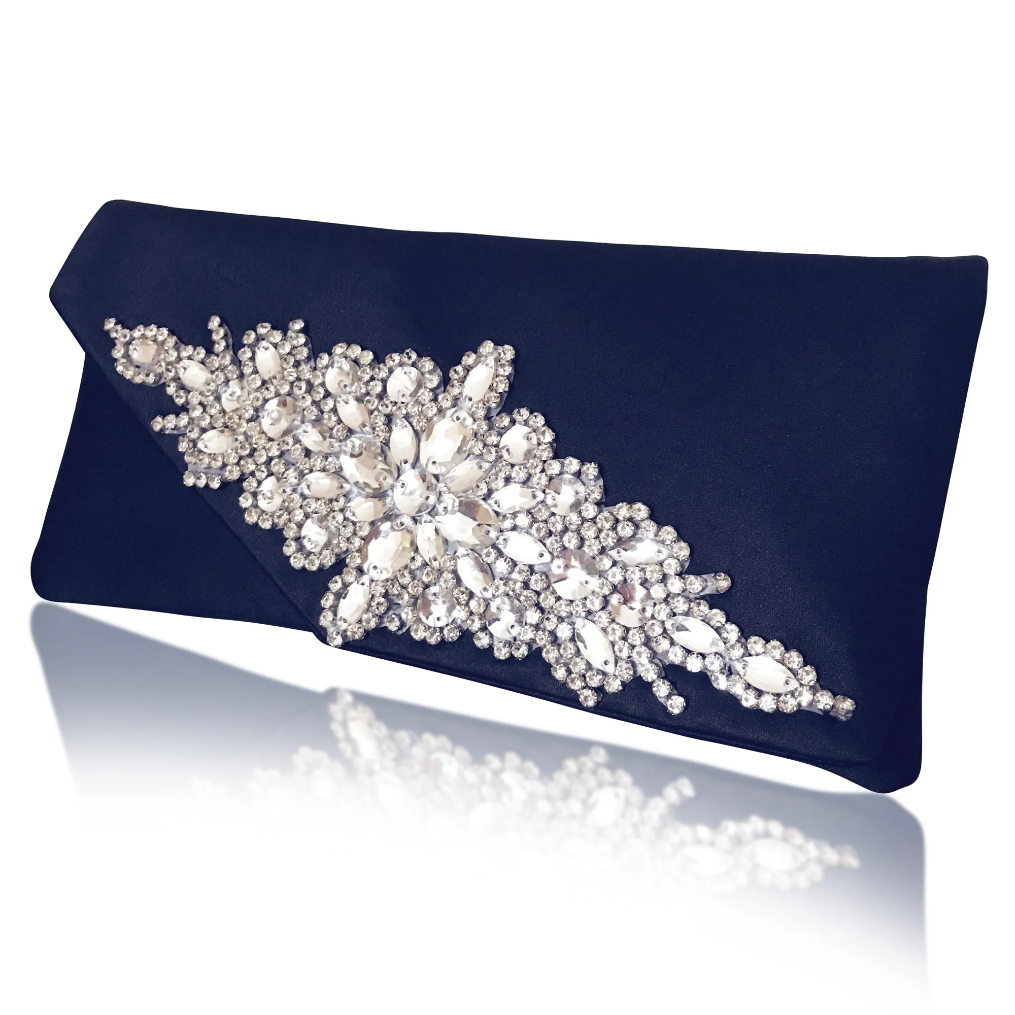 Diamante and navy satin clutch handbag Harriet