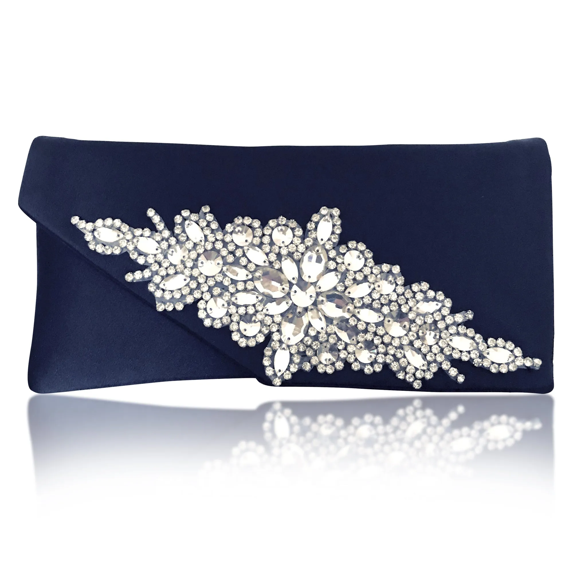 Diamante and navy satin clutch handbag Harriet